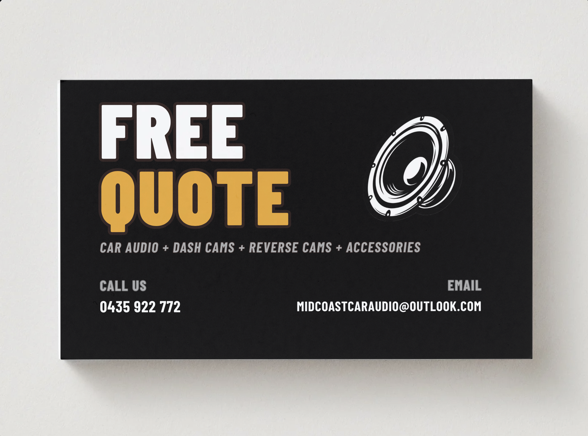 MidCoast Car Audio business card — free quote back