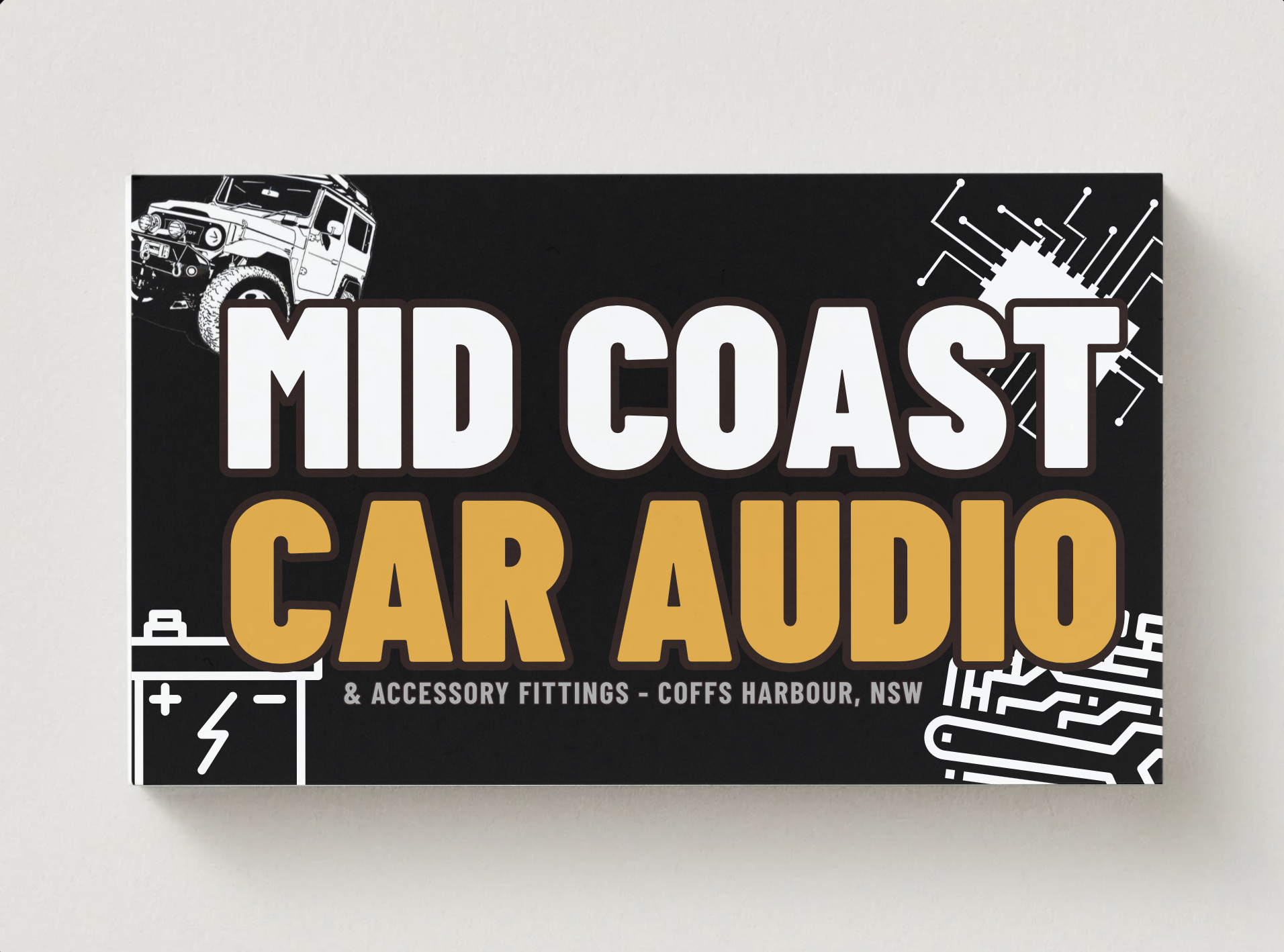 MidCoast Car Audio business card — logo front