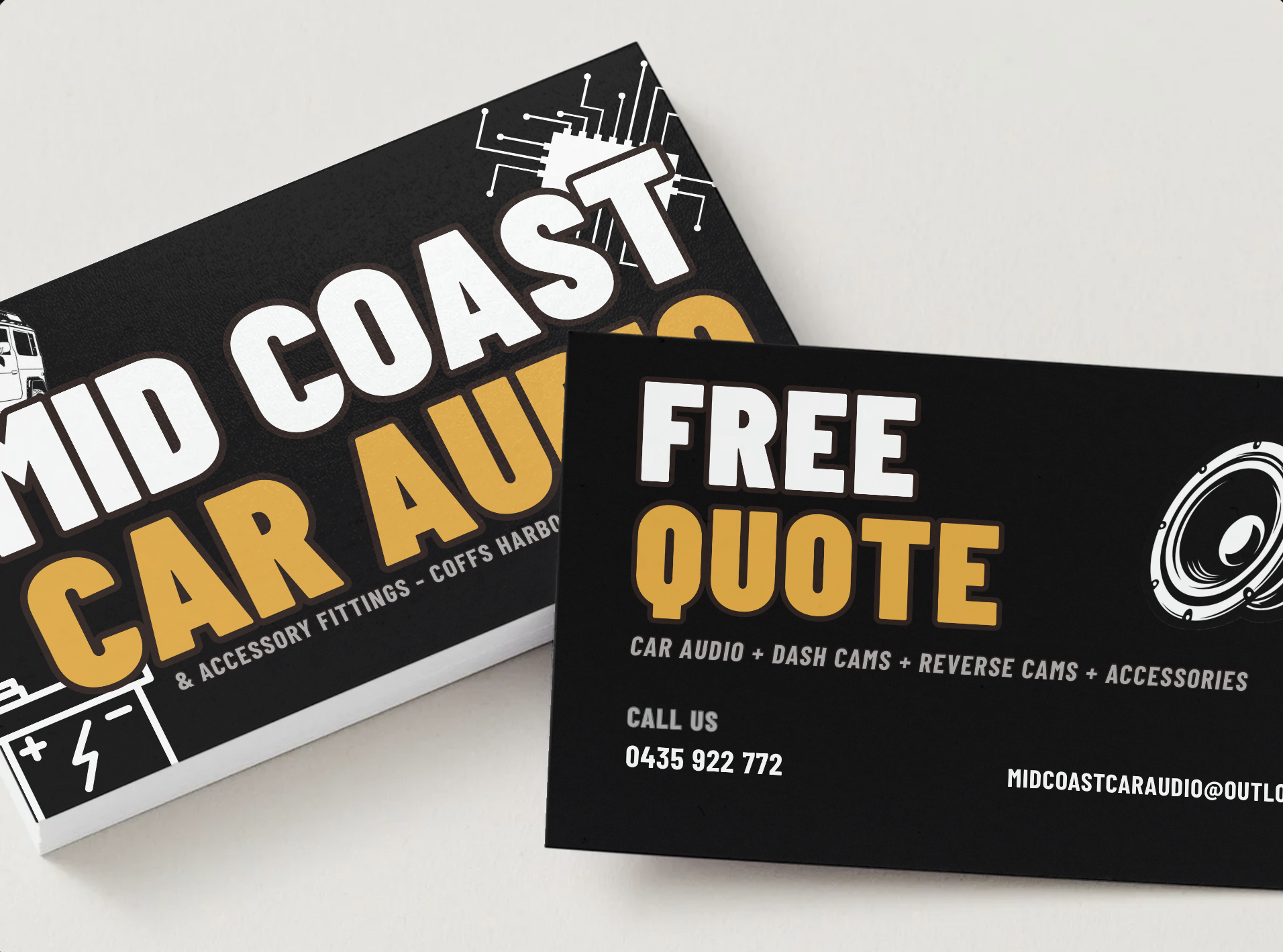 MidCoast Car Audio business cards — front and back
