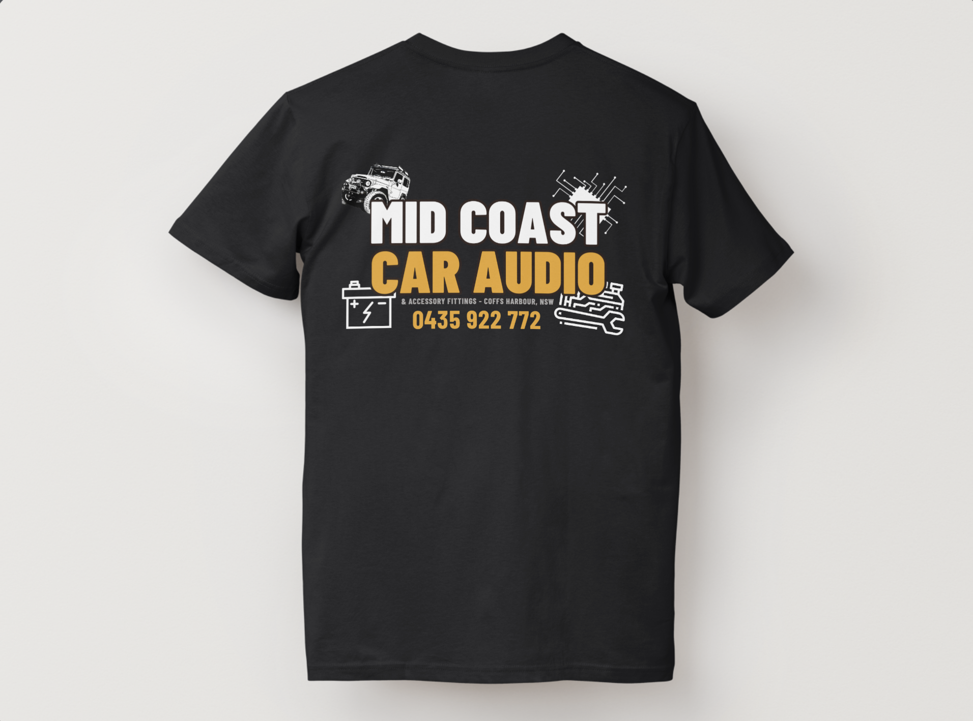 MidCoast Car Audio branded t-shirt — back print